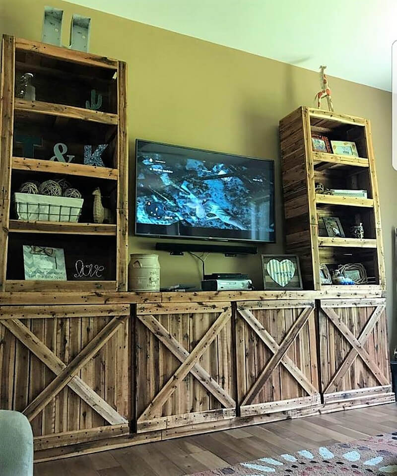 pallets entertainment center with book cases