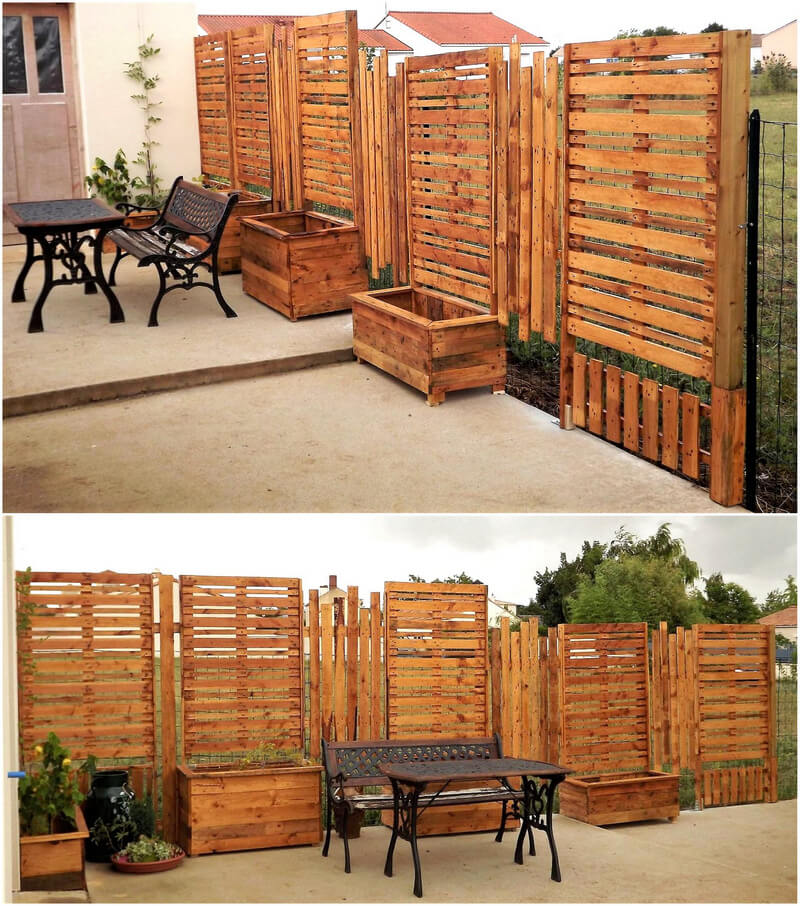 pallets wooden garden fence and planter boxes