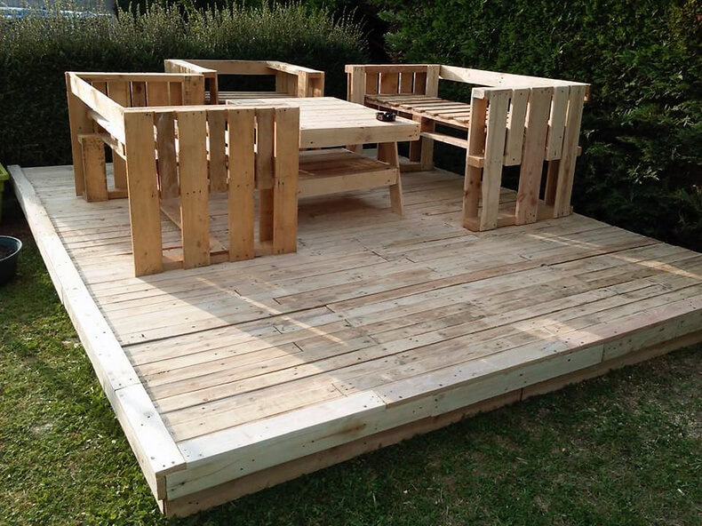 pallet wood garden terrace with furniture