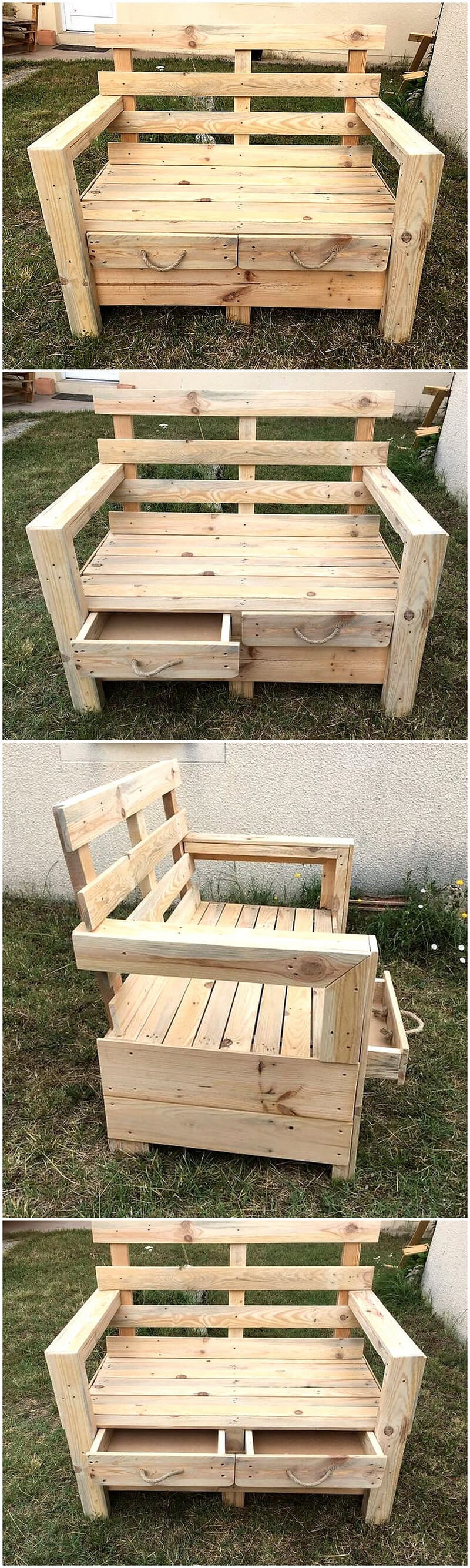 pallets garden chair with storage drawers
