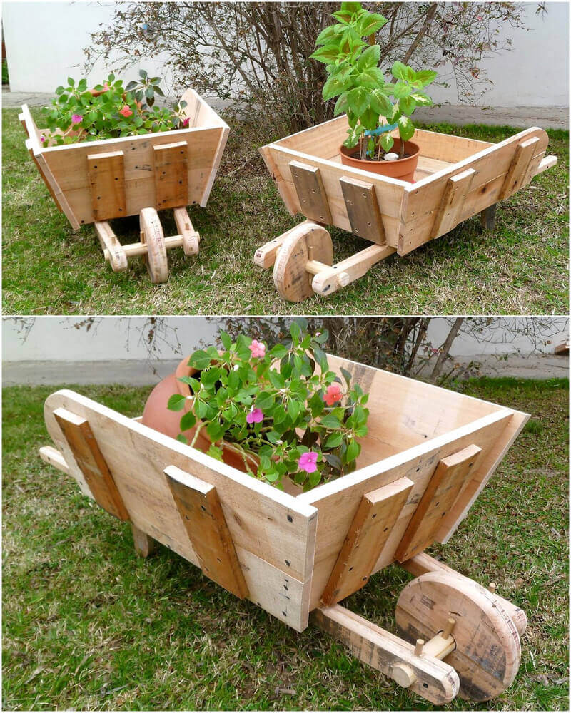 wood pallets Wheelbarrow planter for garden decor