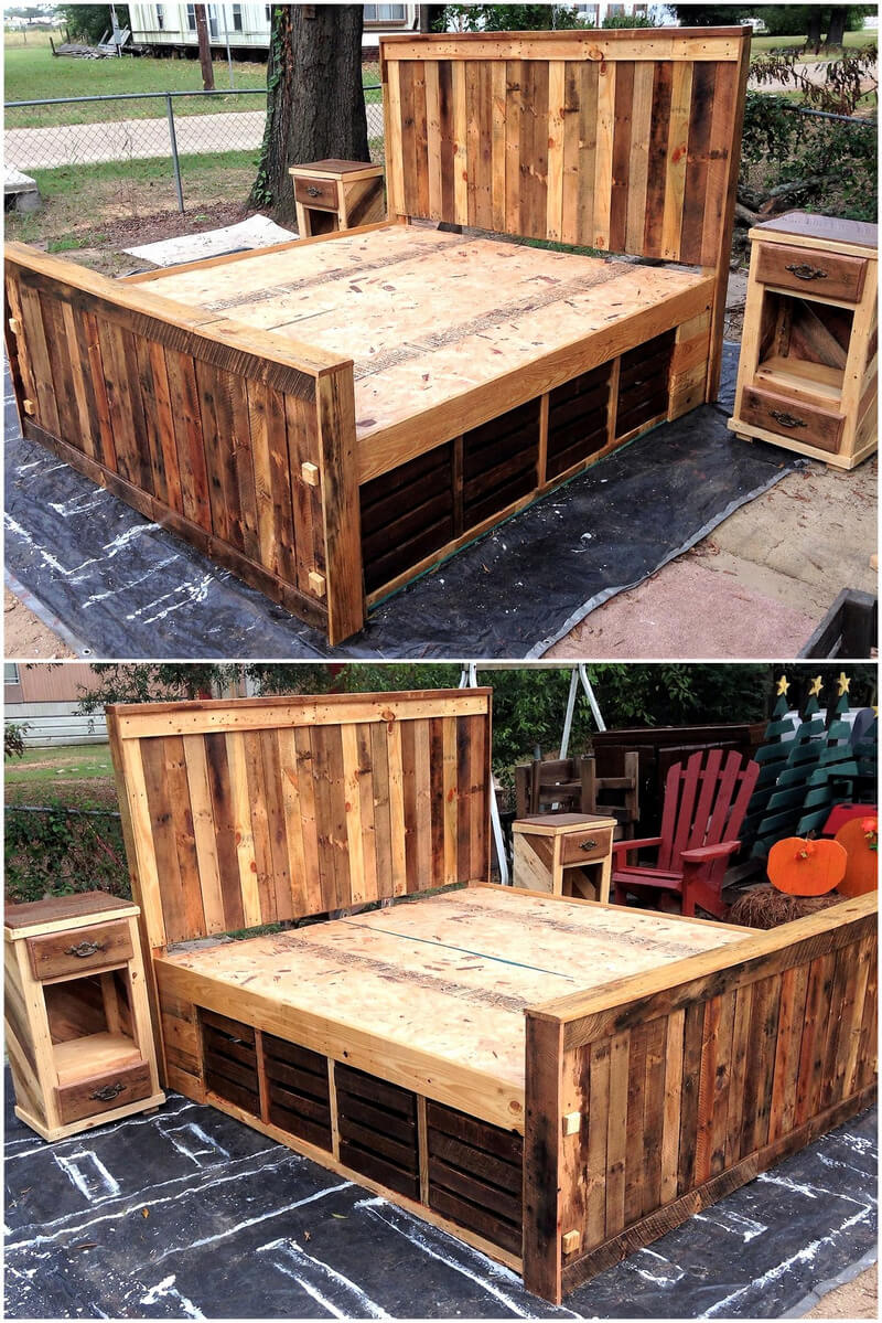 giant pallet wooden bed with side tables
