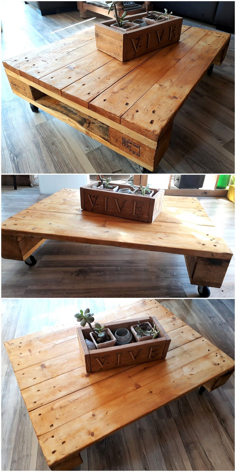 repurposed pallet table on wheels