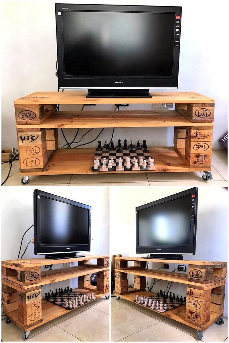 simple wood pallet tv stand on wheels