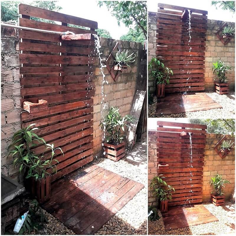 wood pallet rustic look shower in garden