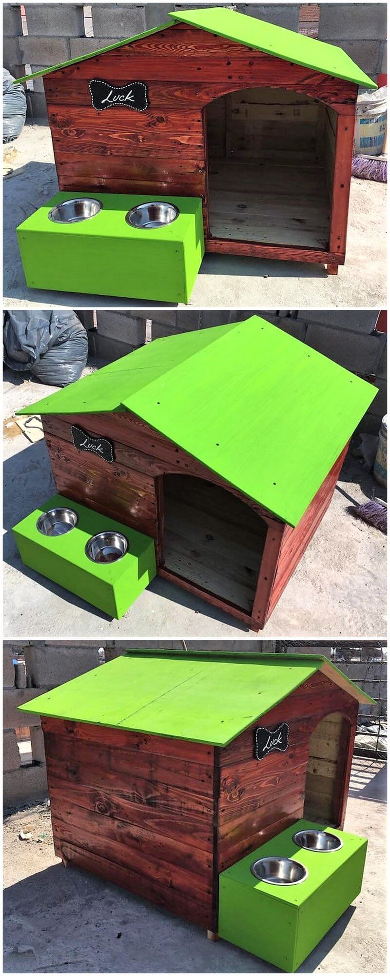 wood pallet dog house with food bowl