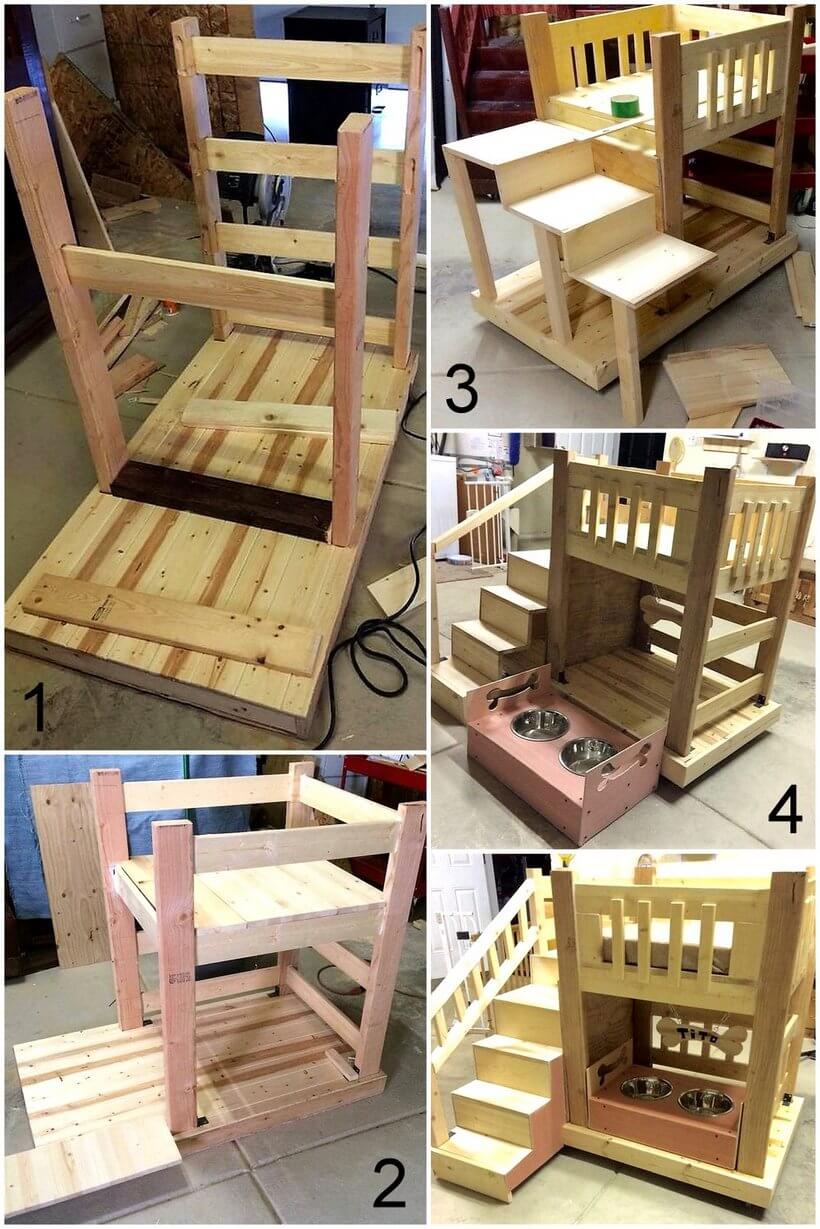 diy pallets made dog bed with food bowl