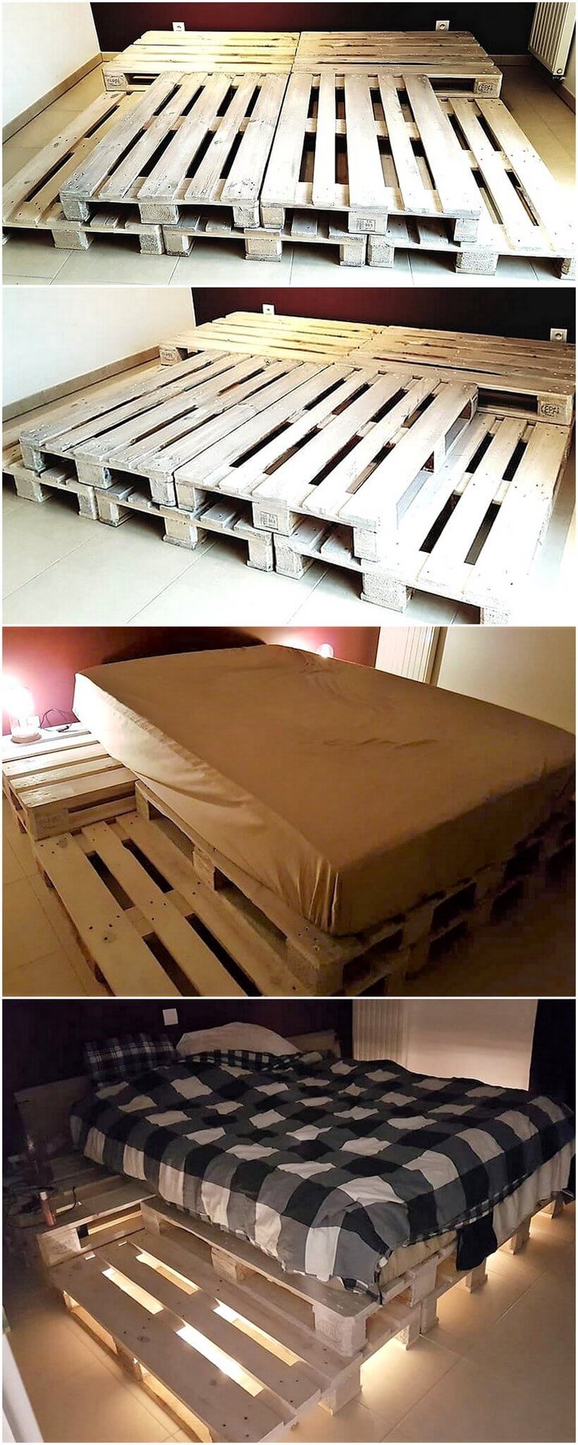 reused pallets made bed with under lights