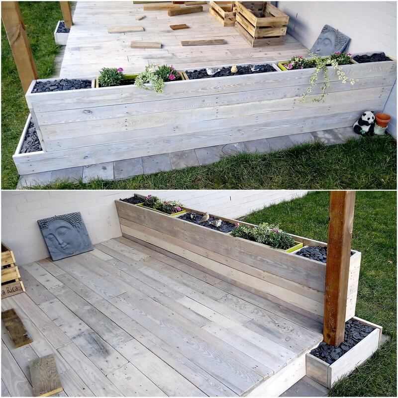 pallet garden deck with planter wall