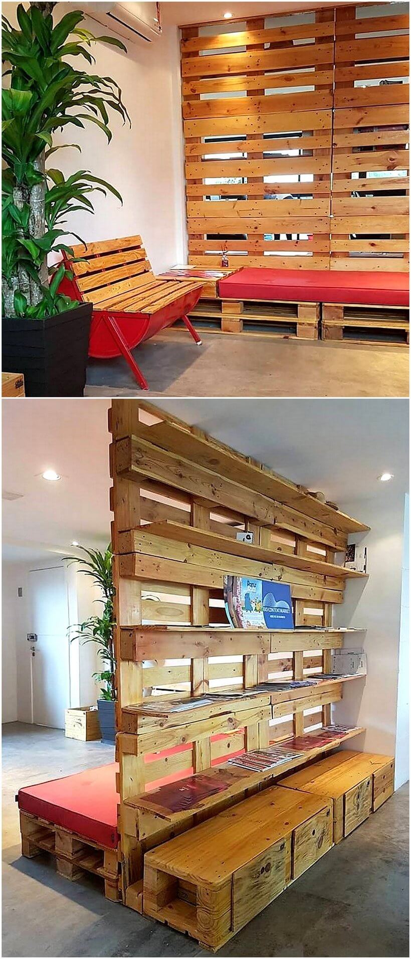 pallet space divider and bench and shelves