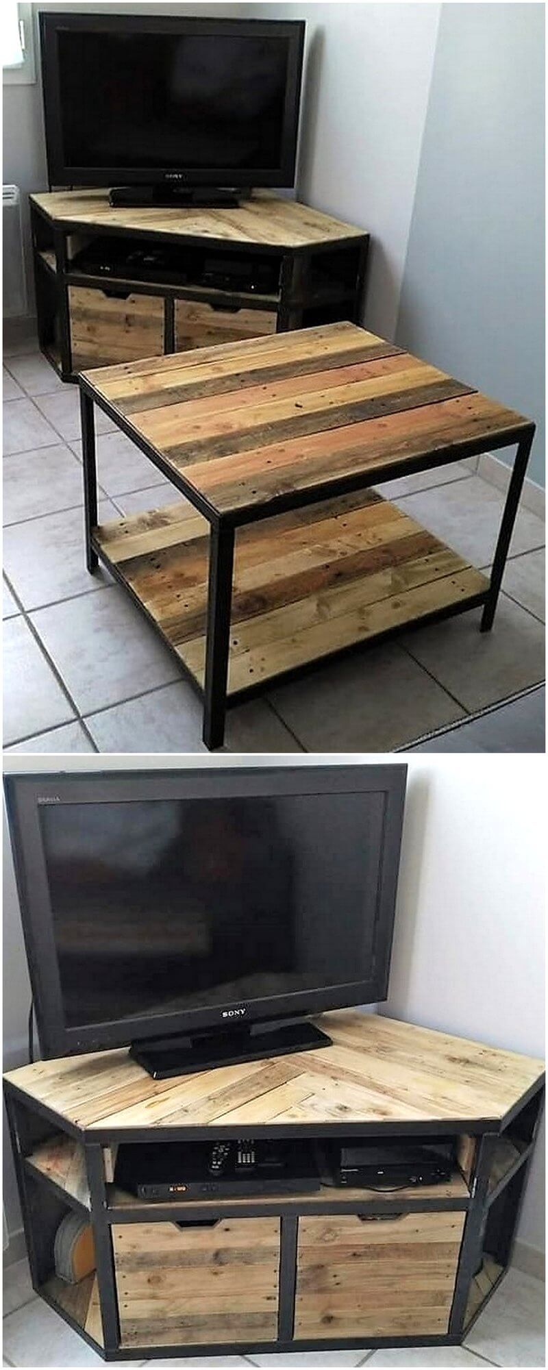 reclaimed wood pallet tv stand and coffee table